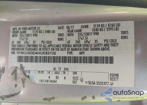 2017 Ford Escape Se z USA, uszkodzony, nr VIN 1FMCU9GD4HUE82132